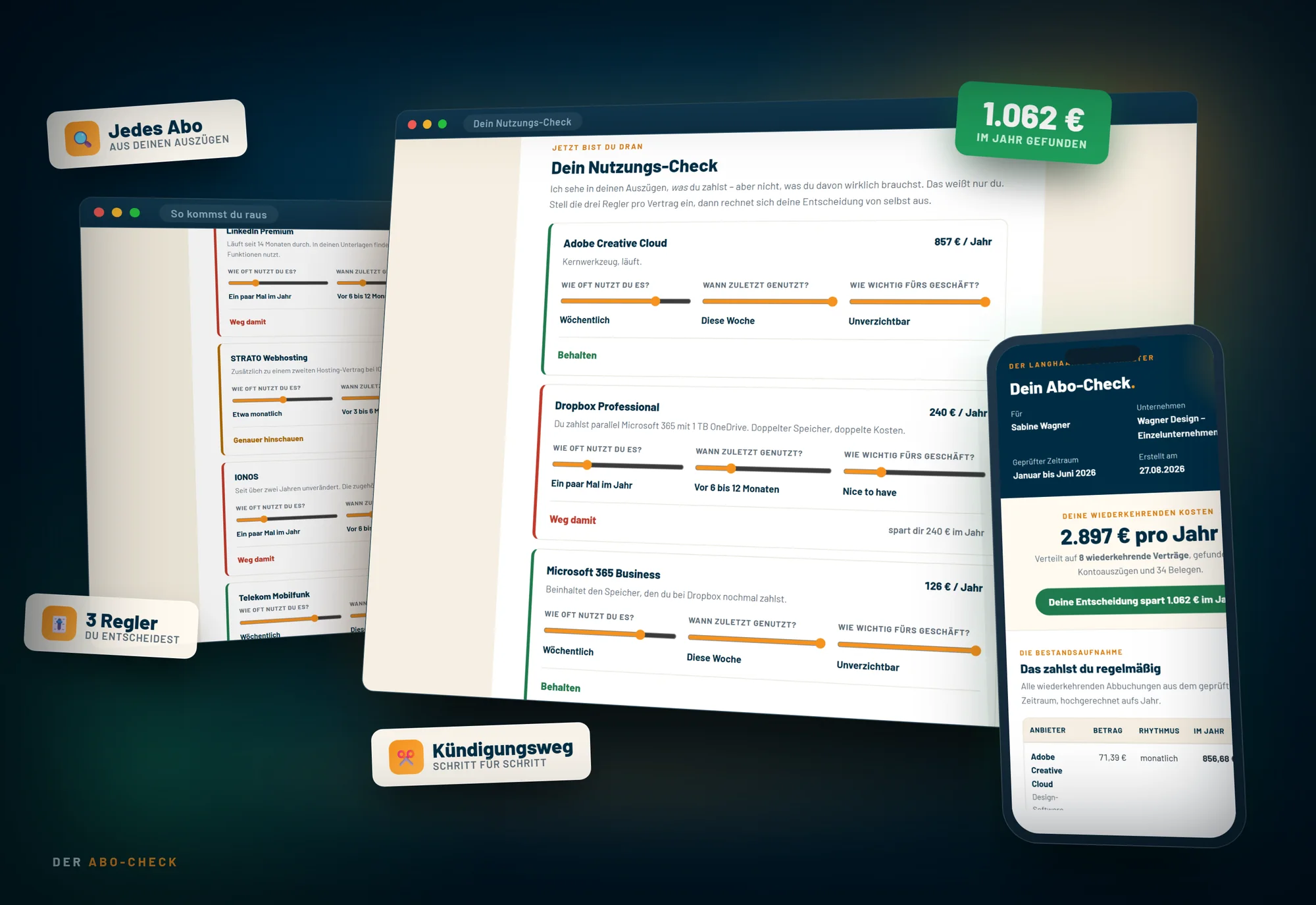 Der Abo-Check: Übersicht der wiederkehrenden Verträge, interaktiver Nutzungs-Check mit Schiebereglern und die Kündigungswege je Anbieter