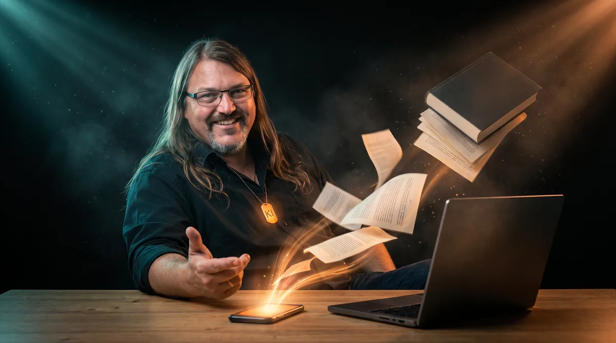 Florian diktiert am Schreibtisch, aus seinem Handy steigen leuchtende Buchseiten auf und werden zu einem Buch