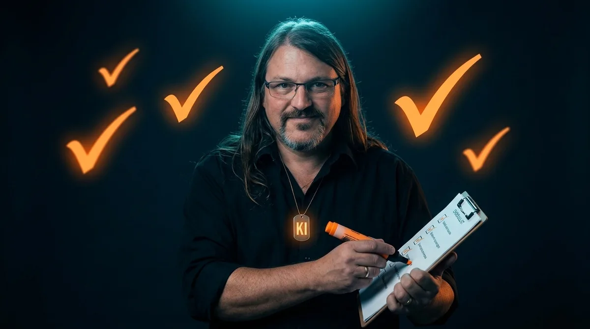 Florian hakt mit einem orangen Stift die Digitalisierungs-Checkliste ab