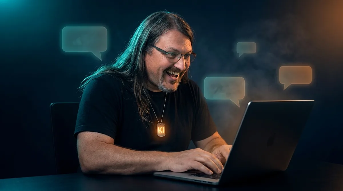 Florian tippt grinsend am Laptop, umgeben von leuchtenden Chat-Blasen