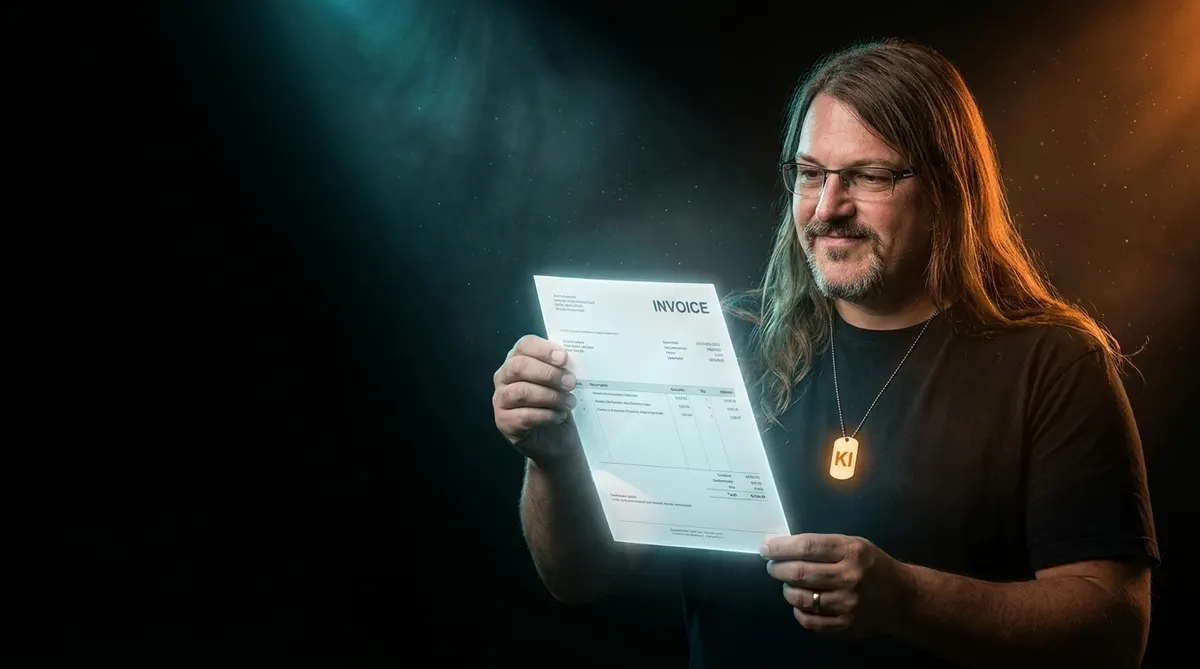 Florian Reichardt hält eine leuchtende digitale Rechnung in den Händen