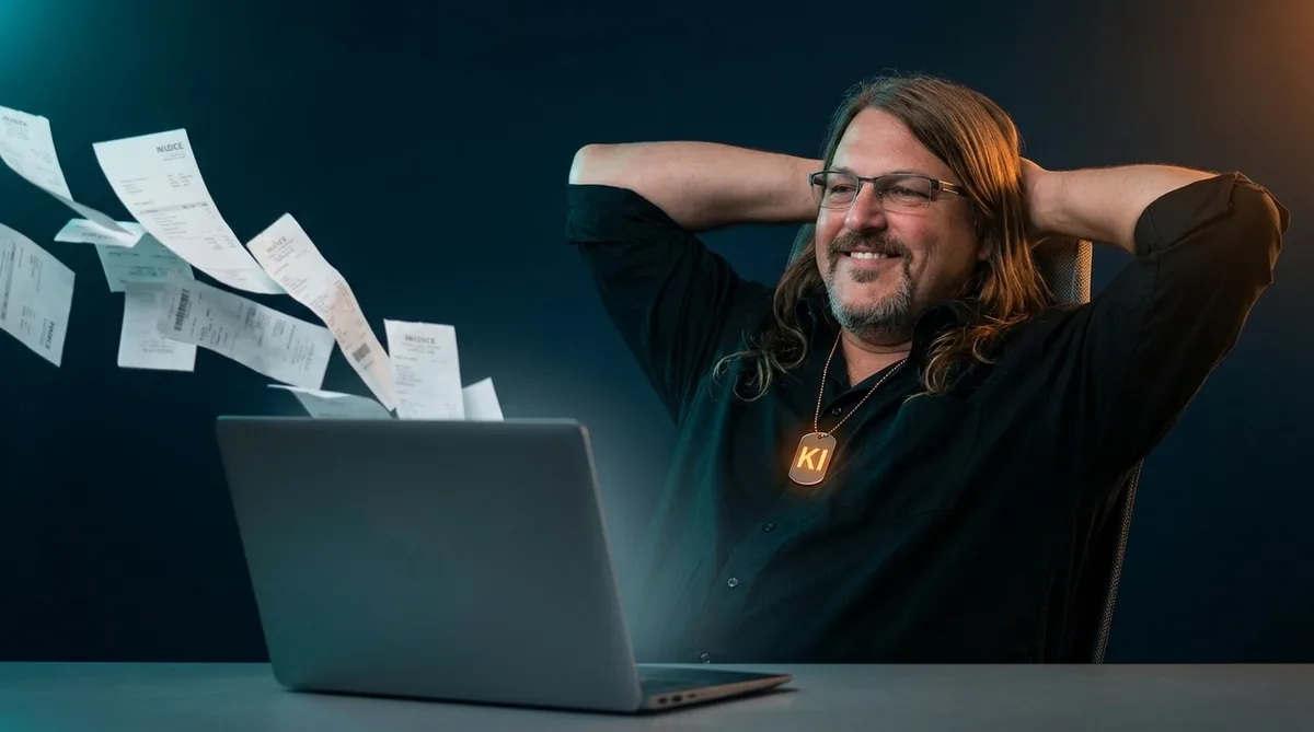 Florian lehnt sich entspannt zurück, während Rechnungen automatisch in den Laptop fliegen