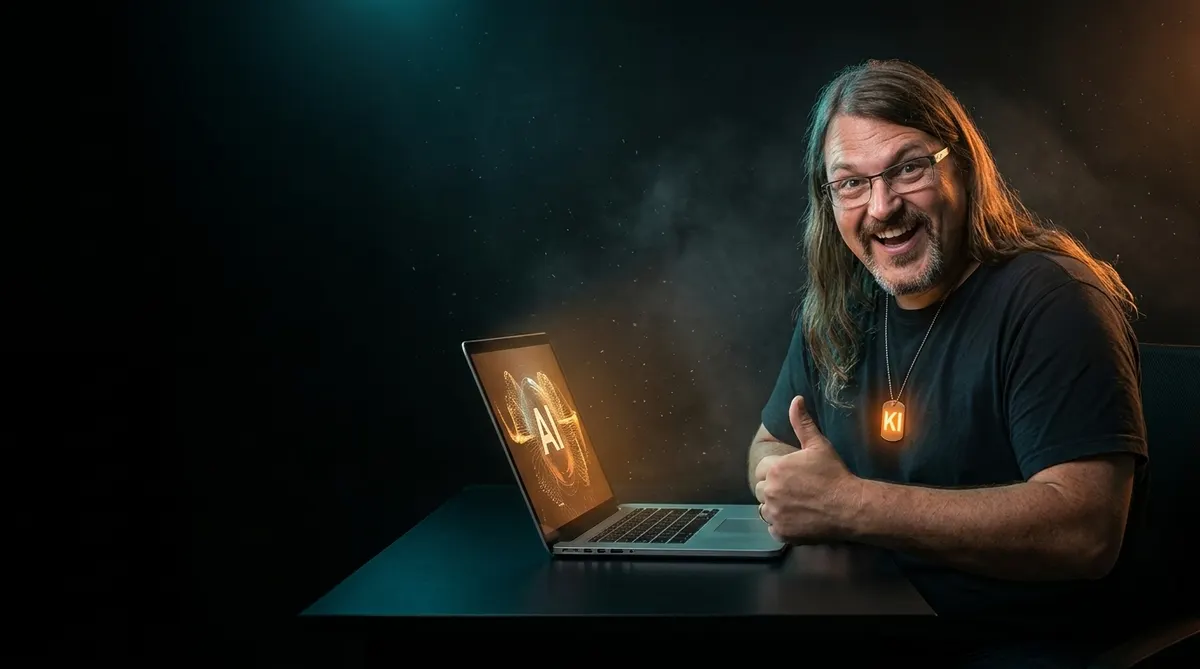 Florian Reichardt zeigt begeistert auf seinen Laptop mit KI-Assistent