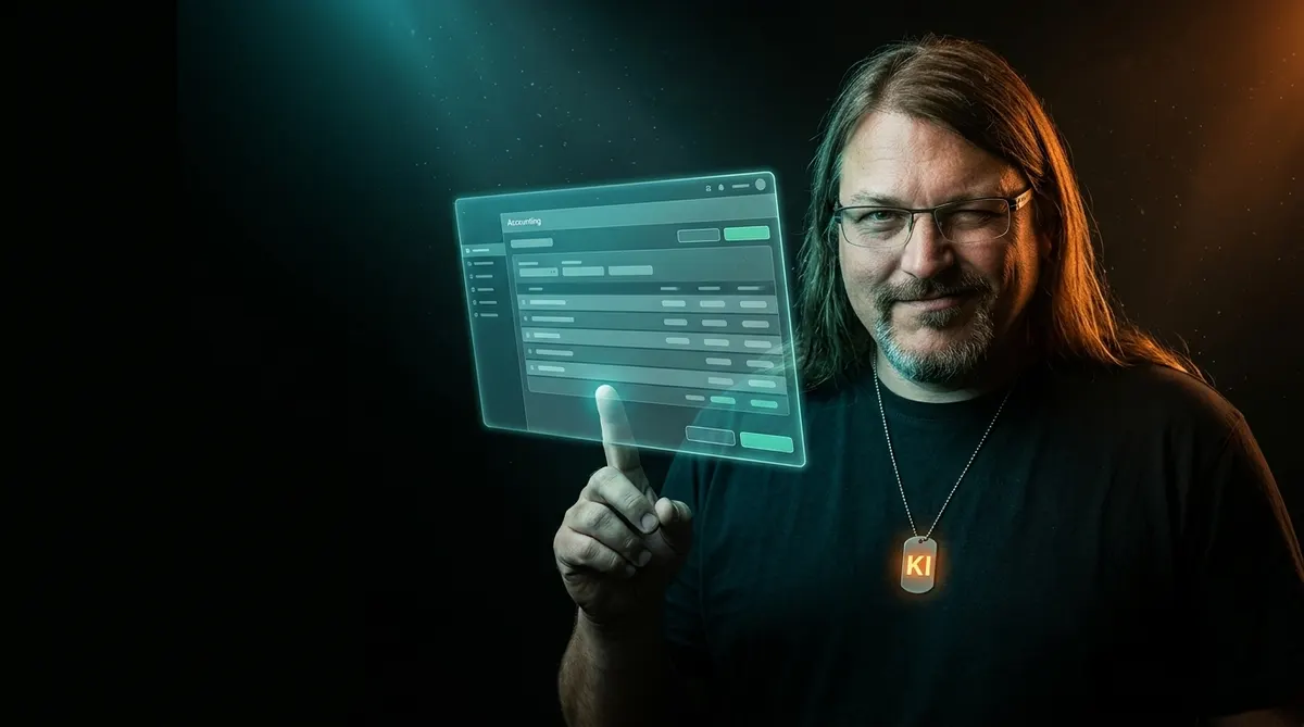 Florian Reichardt zeigt augenzwinkernd auf eine schwebende Software-Oberfläche