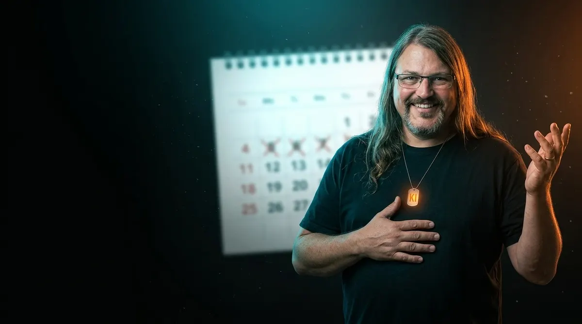 Florian Reichardt gestikuliert beruhigend vor einem leuchtenden Kalender
